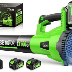 Tietoc Leaf Blower Cordless, 735CFM/200MPH Brushless Electric Leaf Blower with 2 X 5.0Ah Battery, 6 Speed Levels, 2 Extended Tube and 3 Nozzles, Powerful Leaf Blowers for...