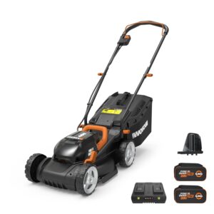 WORX 40V 14" Cordless Lawn Mower for Small Yards, 2-in-1 Electric Mower Cuts Quietly, Compact & Lightweight Push Lawn Mower with 6-Position Height Adjustment WG779 – 2 Batteries...